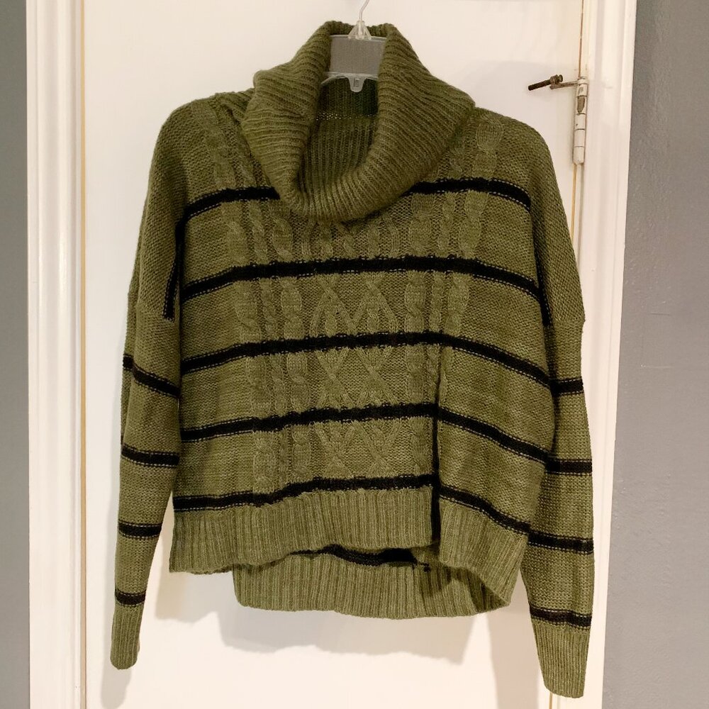 Poof Apparel Dark Olive Green Striped Cowl Neck Sweater - Medium